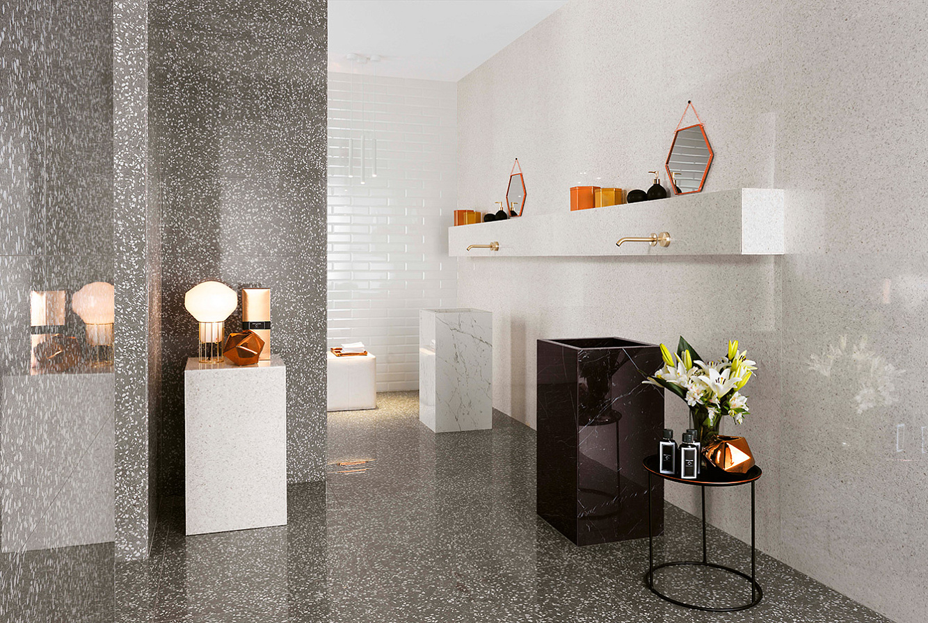 Керамическая плитка Marvel Terrazzo Grey 40x80, Marvel Terrazzo White 40x80, Brick Atelier Brick Bevel White 8x31,5,Керамогранит Marvel Carrara Pure Lappato 45x90, Marvel Gems Terrazzo Grey Lappato 75x150