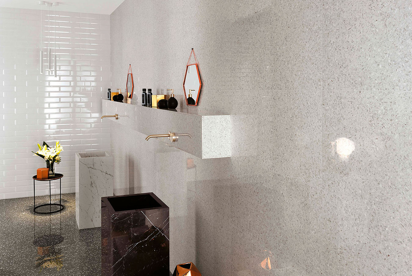 Керамическая плитка Marvel Terrazzo Grey 40x80, Marvel Terrazzo White 40x80, Brick Atelier Brick Bevel White 8x31,5,Керамогранит Marvel Carrara Pure Lappato 45x90, Marvel Gems Terrazzo Grey Lappato 75x150