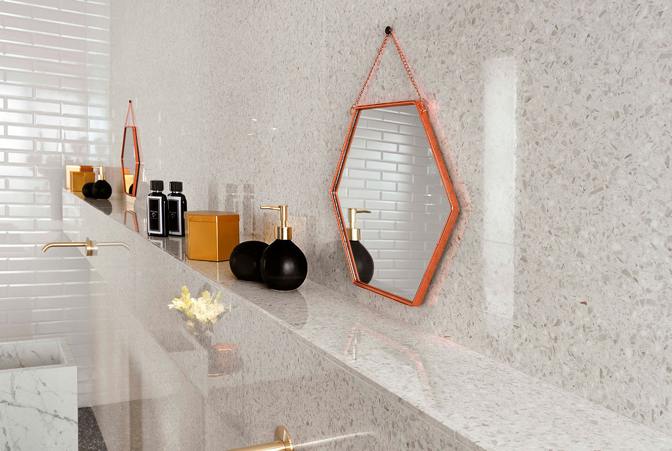 Керамическая плитка Marvel Terrazzo Grey 40x80, Marvel Terrazzo White 40x80, Brick Atelier Brick Bevel White 8x31,5,Керамогранит Marvel Carrara Pure Lappato 45x90, Marvel Gems Terrazzo Grey Lappato 75x150